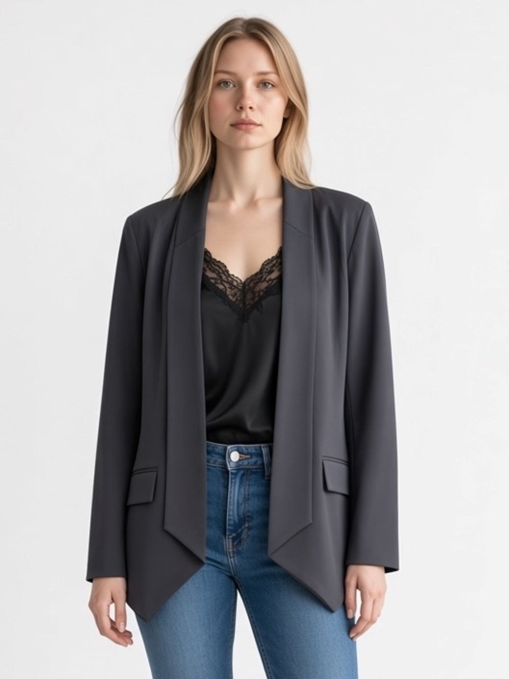 Quince Black Stretch Crepe Open Blazer NWT Size L